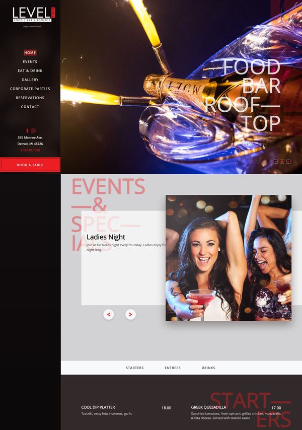 The Level Two Detroit website today, from the Food, Bar, Rooftop hero down through events to the menu.