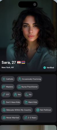 masihimatch profile: Sara, 27, New York, verified, with her preferences.