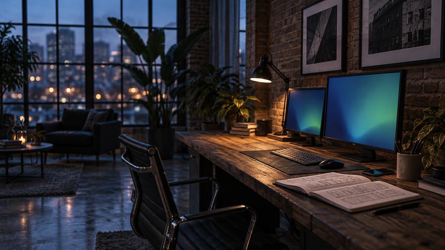 A design studio at dusk: a long desk with two glowing monitors, a sketchbook of wireframes, city lights through a factory window.
